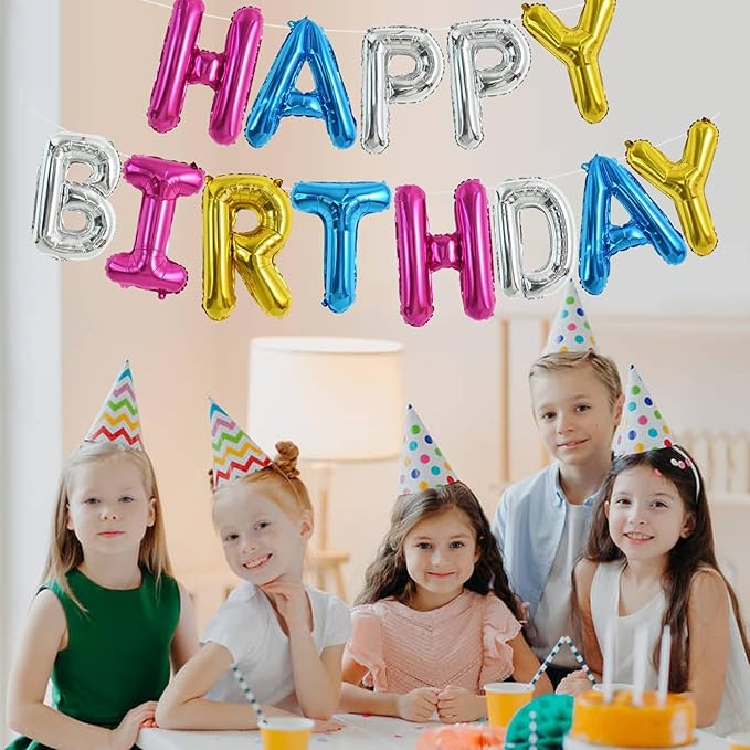 TONIFUL 16 Inch Mylar Letters Birthday Sign Banner Balloon,Happy Birthday Balloons Banner with Ribbon Straw Bunting Reusable for Adults & Girls Boys Kids Birthday Halloween Supplies（Rainbow）