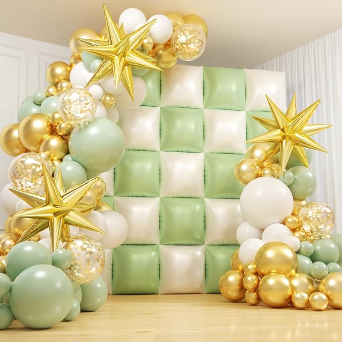 152Pcs Sage Green and White Foil Square Balloon Wall Backdrop with Sage Green White Gold Latex Balloons Arch Garland Kit, Double Sided Balloon Tunnel for Baby Shower Gender Reveal Party Decoration