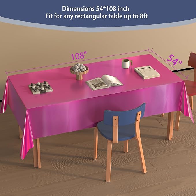 4 Pack Iridescent Plastic Tablecloths Disposable Table Cover Sparkly Foil Table Cloth for Rectangle Tables Party Decorations Birthday Princess Bridal Wedding Christmas Hot Pink, 54 x 108 Inch