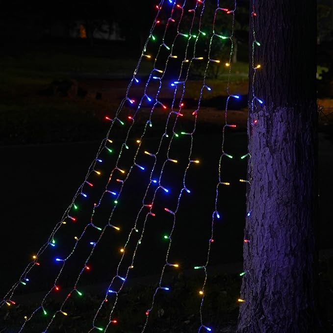 Outdoor Christmas Tree String Lights, 350 LED Christmas Waterfall Lights with 8 Modes, Waterproof, Featuring an 11in Lighted Christmas Tree for Yard Patio Xmas Wedding,Party,New Year (Multi-Color)
