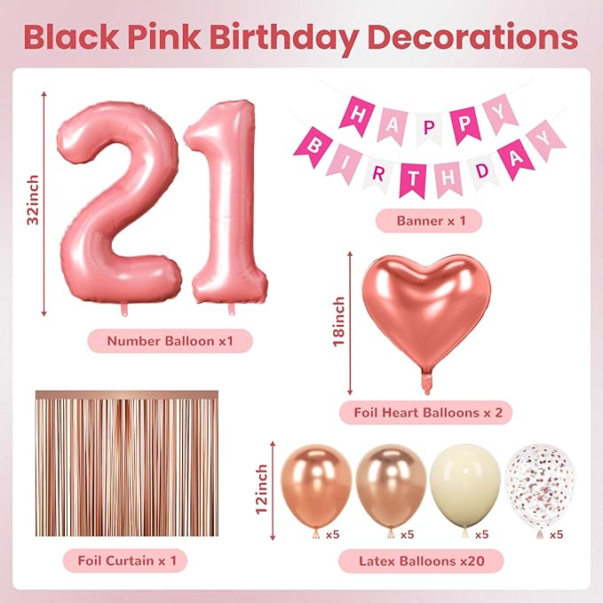 21st Birthday Decorations for Women, Rose Gold and Pink Party Supplies Set with Finally 21 Banner, Number 21 Balloon and Foil Fringe Curtains
