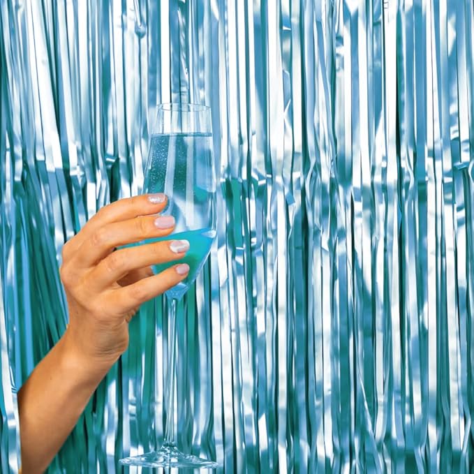 Pack of 2 Matte Blue Foil Fringe Curtains – Blue Tinsel Backdrop for Photo Booth, Birthday, Wedding, Baby Shower, Bachelorette, Christmas & Holiday Party Decorations