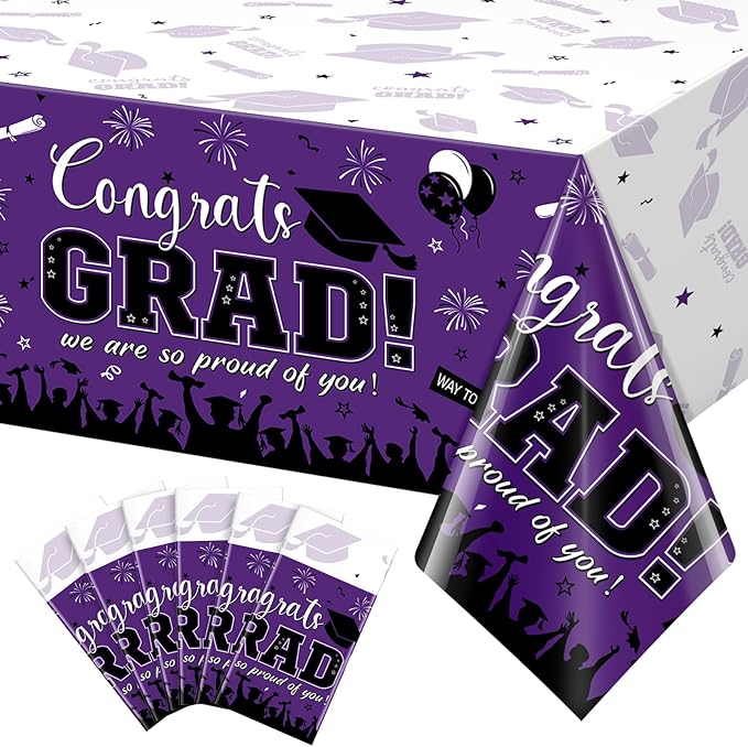 6 Pack Graduation Tablecloth Party Decorations, Class of 2026 Congrats Grad Plastic Tablecover Party Supplies, Purple Rectangle Graduation Table Decorations for College High School Party, 54 x 108Inch