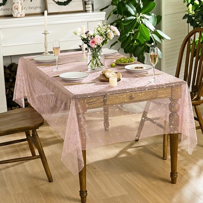 Horaldaily Pink Gold Sparkling Star Gauze Tablecloth 60x84 Inch Rectangular, Golden Star Sequin Glitter Metallic Foil, Sheer Tulle Cheesecloth for Wedding Baby Shower Party