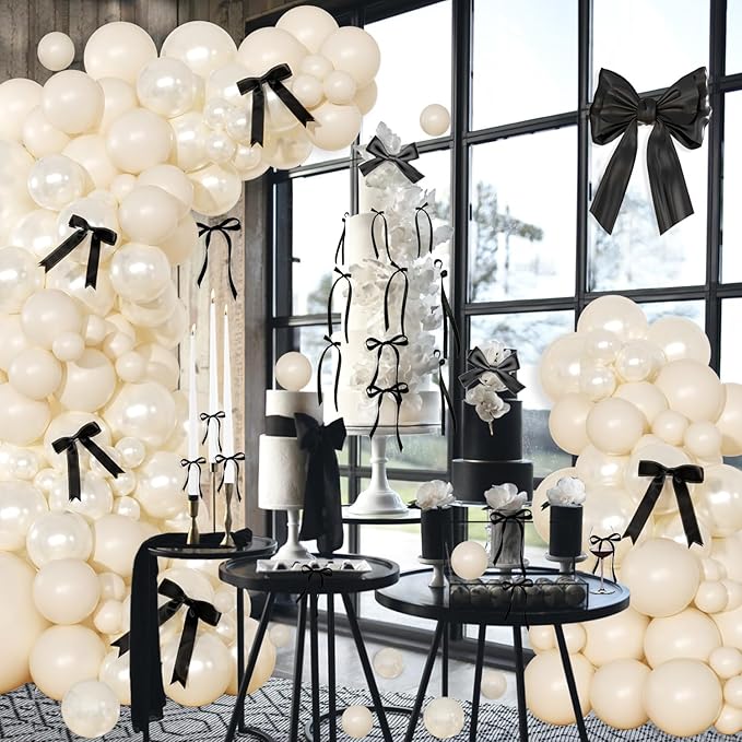 White Sand Balloon Arch Kit 141 Pcs Pearl White Balloons Garland Arch Kit Sand White Balloons and Black Bow for Coquette Birthday Wedding Baby Shower Bridal Shower Balloon Arch Decorations