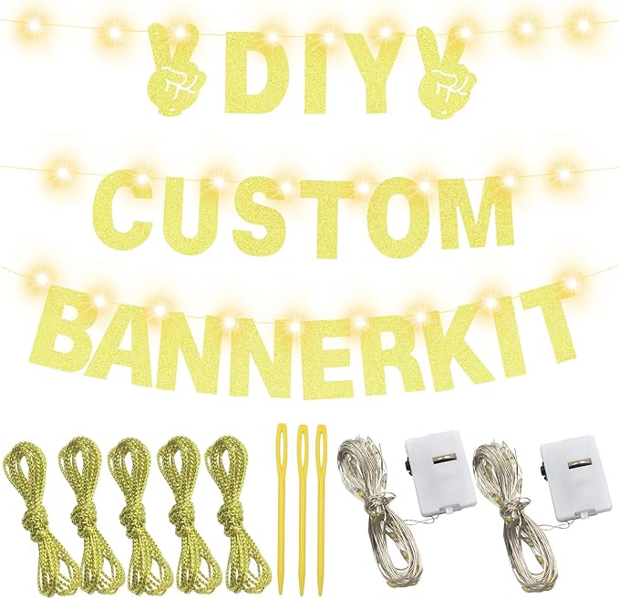 175Pcs DIY Letter Banner Glitter Customizable Banner DIY Happy Birthday Letters 0-9 Numbers Light Rope Kit Custom Personalized Banners Decor Birthday Party Decorations Supplies(Dazzling Champagne Glod)