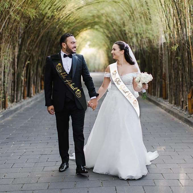 He Asked & She Said Yes Sashes Kit, Funny Rose Gold Bride to Be Sash & Gold Groom to Be Sash for Wedding Engagement Bachelorette Bridal Shower Party Decor Favors Funny Gifts (White and Black)