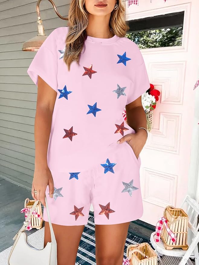 VILOVE 4th of July 2 Piece Sequin Outfits Women 250 Anniversary Usa Shirts and Short Sets Casual Patriotic Shirt Summer Set