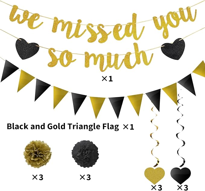 We Missed You So Much Banner, 12Pcs Triangle Flags, 6Pcs Pom Poms Paper Flower Balls, 6Pcs Hanging Swirls Welcome Back Welcome Home Decoration Families Friends Colleague’s Return Celebration Decor Kit