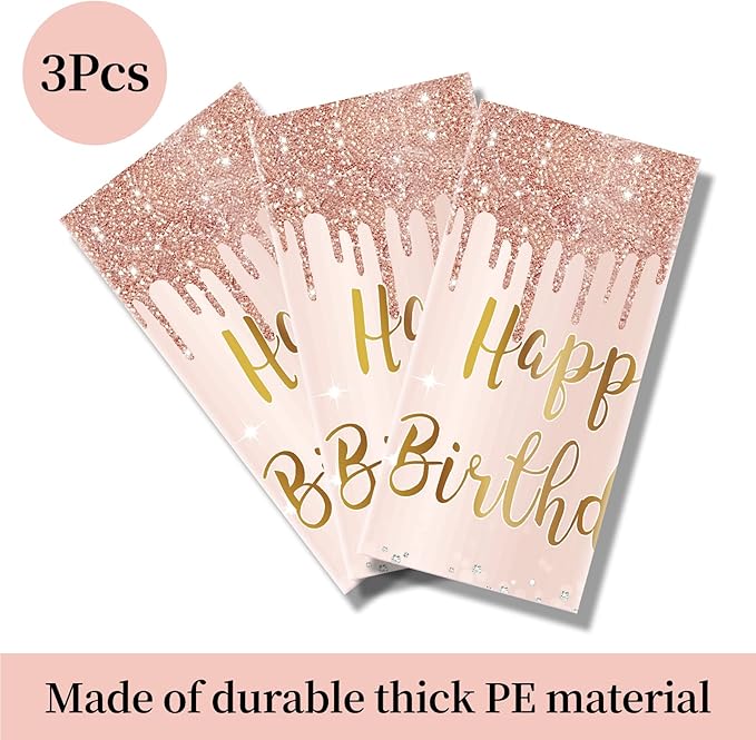 3 Pcs Pink Rose Gold Happy Birthday Tablecloth Decorations for Women, Happy Birthday Table Cover Party Supplies, 16th 21st 30th 40th 50th Birthday Plastic Disposable Rectangular Table Cloth Decor