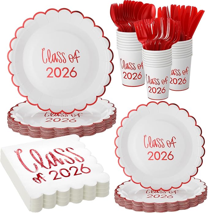 Class of 2026 Graduation Party Supplies, 175 Pcs Congrats Grad Paper Plates Napkins and Cups Cutlery Disposable Tableware Set for College High School Congrats Decorations, Serves 25(Red)