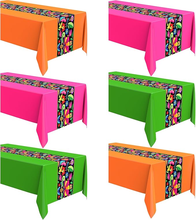 Oudain 6 Pcs Fiesta Tablecloth 108 x 54 Inch Plastic Tablecover Mexican Waterproof Tablecloth Disposable Table Cover for Taco Night Festive Mexican Fiesta Wedding Party Decoration (Bright Color)
