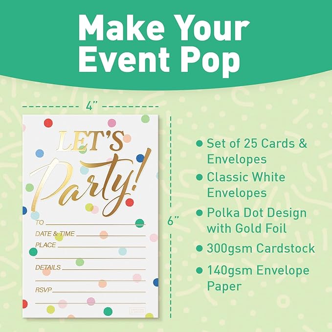 Sweetzer & Orange S&O Set of 25 Polka Dot Party Invites -Happy Birthday Invitations for Adult & Kids, Happy Day Decor Sheets with Envelopes for Boys & Girls - 4”x6 Cute Invite Cards
