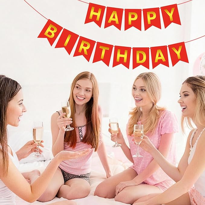 Red Gold Happy Birthday Banner Sign Happy Birthday Bunting Banner Garland for Kids Girl Woman Birthday Tea Party Decorations Bunting Flag Birthday Party Supplies