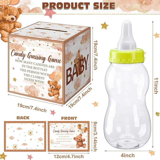 Glenmal 52 Pcs Baby Shower Games Gift Sets Large Baby Bottle for Shower Game Guess How Many Candies Decorations for Gender Reveal(Brown Bear)