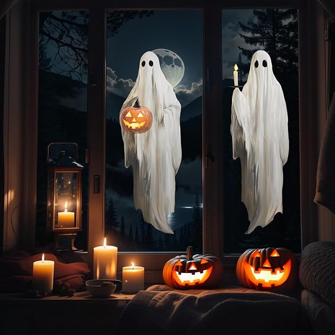 Halloween Decorations Window Clings Decor, 3pcs Extra Large Scary White Ghosts with Pumpkin Lantern Halloween Window Decals Indoor, Creppy School Home Office Party Supplies for Glass Windows, 3 Sheets