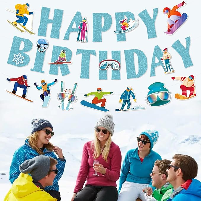 Zwiebeco Blue Skiing Happy Birthday Banner Bunting Garland Hanging Paper Party Decoration for Boys Girls Mens Womens Snow Skier Lover Winter Ski Snowboard Sports Themed Bday Decor Accessories Supplies