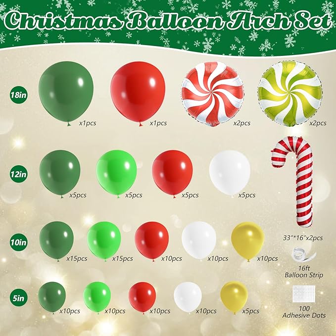 Christmas Balloon Garland Arch Kit, OTLGEUA 135Pcs Red Green White Gold Balloons for Candy Cane Friendsmas Christmas Party Decorations