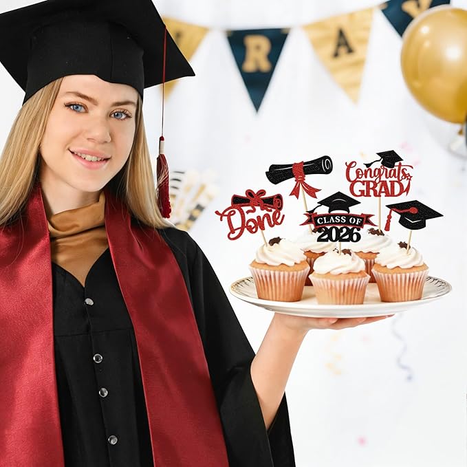 2026 Graduation Cupcake Toppers, 36 pack Red Glitter Class of 2026 Congrats Grad Diploma Graduation Cap Cupcake Picks for 2026 Graduation Party decorating Supplies