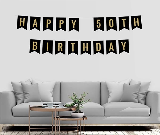 Andaz Press Faux Gold Glitter on Black Birthday Party Banner Decorations, Happy 50th Birthday, Approx 5-Feet, 1-Set, Milestone Colored Hanging Pennant Decor