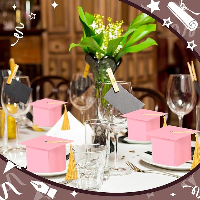TaoBary 12 Pieces Graduation Candy Box Graduation Decorations Party Gift Boxes Graduate Cap Box Candy Chocolate Cookie Supplies for Ceremony Party(Pink)