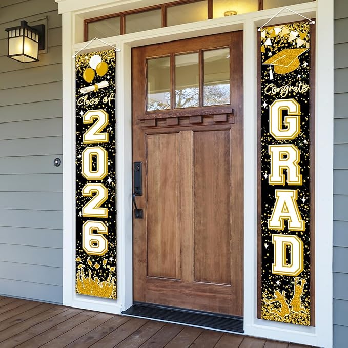 Class of 2026 Graduation Decorations Black and Gold Congrats 2026 GRAD Porch Sign Banner for High School and College Graduation Party Decoration