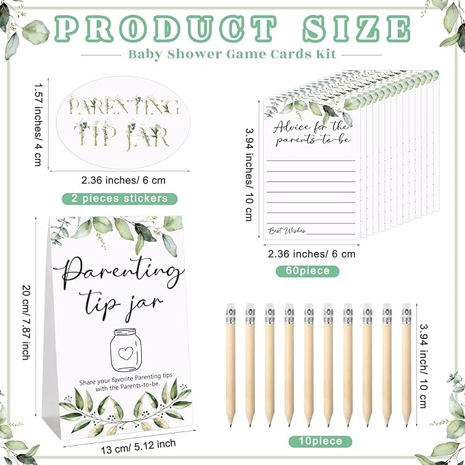 Roowest Baby Shower to Baby Advice Cards for New Parents to Be - Tip Jar Sign for New Parents 60 Parenting Advice Cards 10 HB Pencils 2 Cute Stickers 1 Pet Bottle for Guests Games(Leaf)