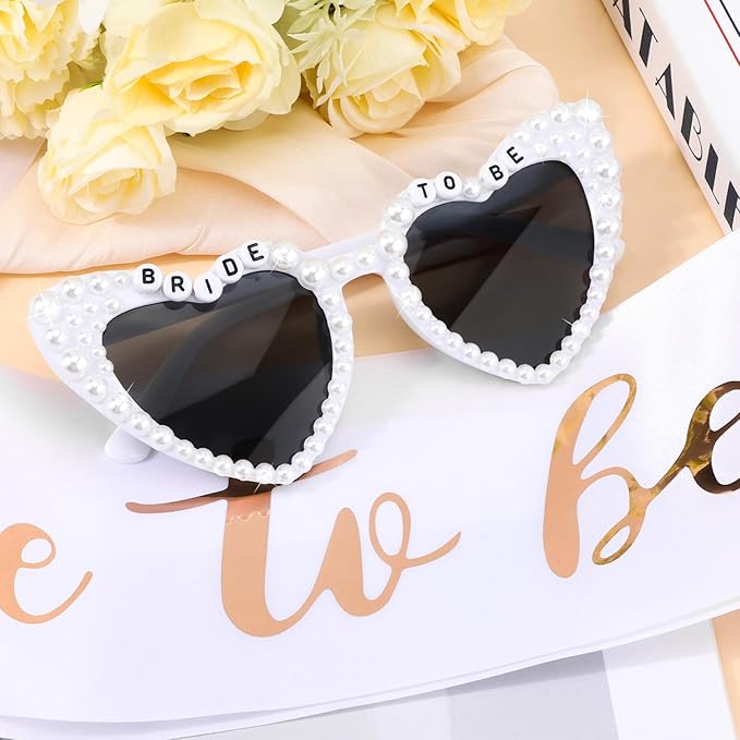 Bride to Be Set: Pearl-Trimmed Heart Sunglasses, Pearl BRIDE Sash & Tulle Veil - Bachelorette Party Bridal Accessories