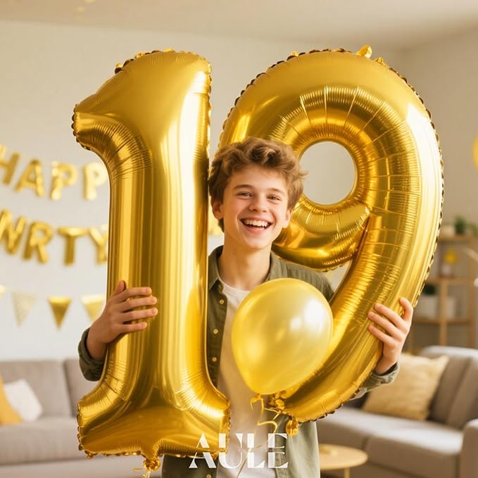 AULE 40 Inch Large 19 Number Balloons Gold, Big Foil Number Balloons, Giant Helium Happy 19th Birthday Party Decorations for Boy and Girl, Huge Mylar 91 Anniversary Party Supplies