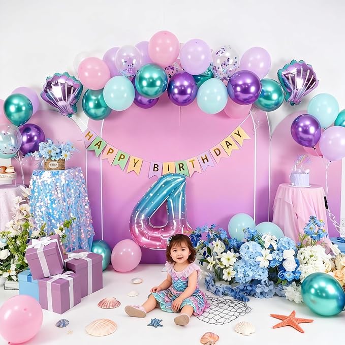 4th Mermaid Birthday Decoration for Girls,Pink Purple Green 4th Birthday Balloon Number 4 Seashell Foil Balloons Banner Mermaid Sea Party Decor Supplies for 4 Year Old