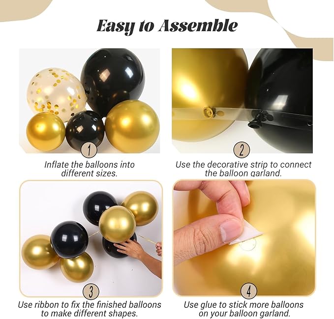 Black and Gold Balloons, 135pcs Black Gold Arch Kit Confetti Star Latex Balloons 5 10 12 18 Inch for Decorations Birthday Retirement Wedding Anniversary New Years Party Decorations
