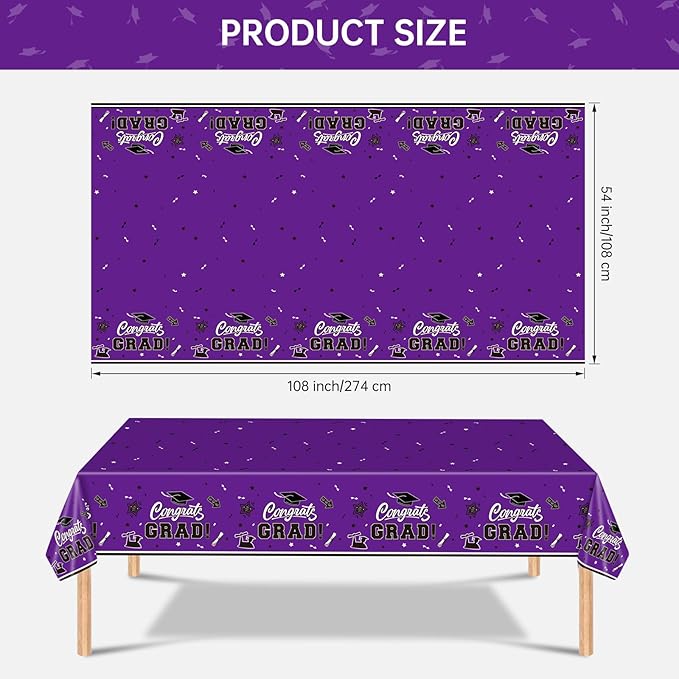 2 Pack Graduation Tablecloth - Congrats Grad Table Cloths, Plastic Disposable Rectangle Purple Class of 2026 Table Cover for Graduation Tables Decorations Party Decor Supplies Favors,108 x 54 Inch