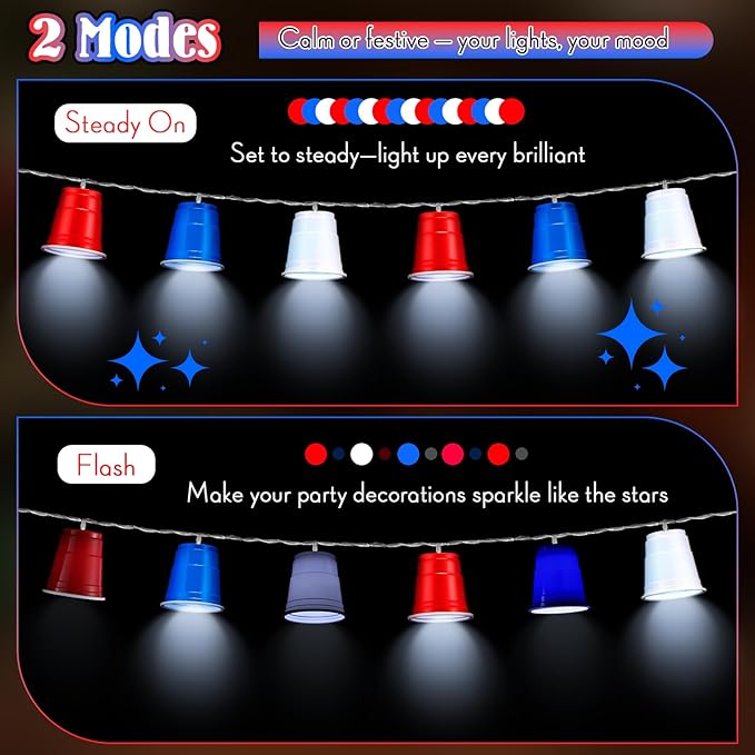 Hiboom 1 Pack Red White and Blue Cups Light, Shot Cups Fairy String Lights Battery Operated LED for 4th of July Independence Day Patriotic Decor Memorial Day Bar Graduation RV Party (13Ft)