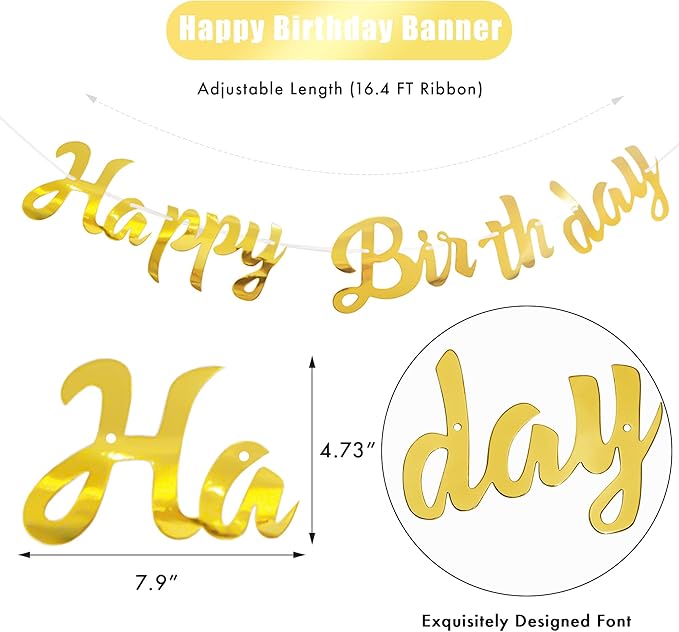 CANREVEL 3 PCS Gold Happy Birthday Banners, Hanging Stars Garland and Pennant Banner Flags, Gold Party Decorations, Golden Birthday Party Supplies for Women Men Girls Boys Adults