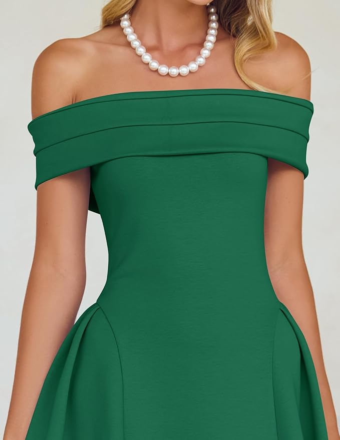 ZESICA Summer 2026 Cocktail Dresses for Women's Off Shoulder Short Sleeve Swing A Line Wedding Evening Party Midi Dress