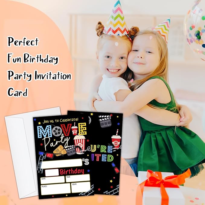 Movie Party Birthday Party Invitation Cards for Teens Girls Boys, Cinema Birthday Celebration Party Invite Cards Supplies, 20 Double-Sided Fill In Invites With Envelopes -14