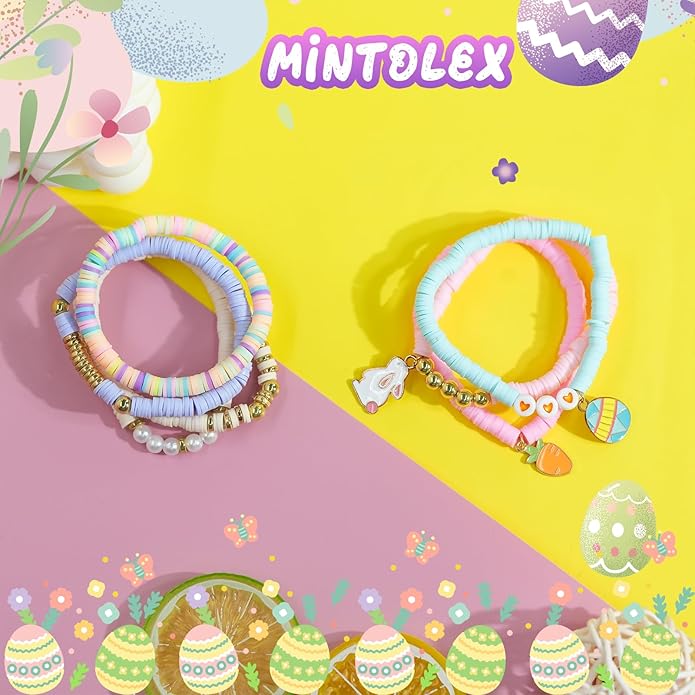 7 Pcs Easter Bracelets for Women with Bunny Carrot and Egg Charms Pastel Preppy Stretch Polymer Clay Beads Stackable Jewelry Set for Easter Gifts and Spring