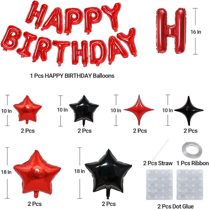 KALOR Red and Black Happy Birthday Balloons Kit with 16 Inch Mylar Foil Letters Balloon and Star Balloons for Birthday Party Decorations Photo Booth Backdrop