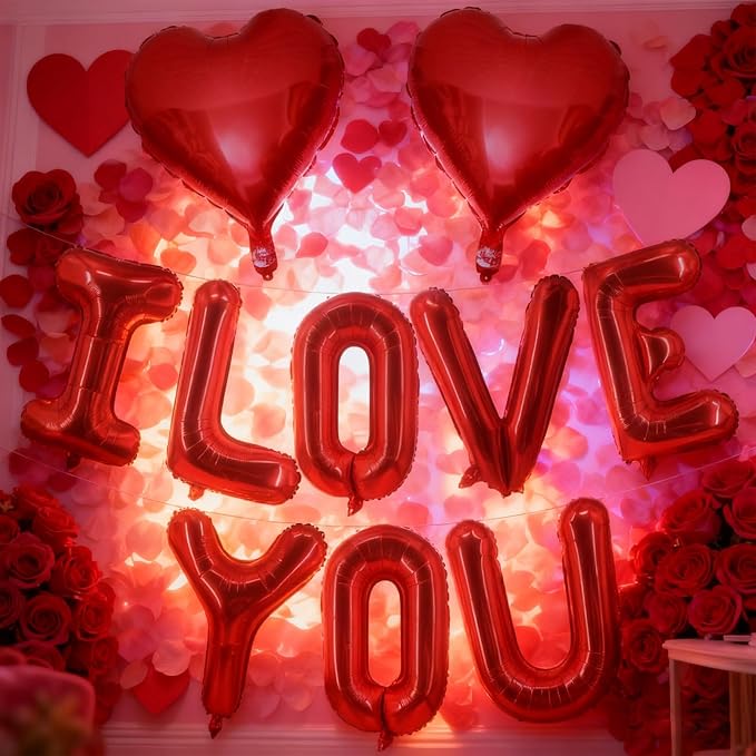Valentines Day Balloons Decorations Red 10 Pcs 16 Inch - "I Love You" Letter + Heart Balloons with Tape Straws Ribbon for Romantic Party Proposal Wedding Bedroom Valentines Day Decor