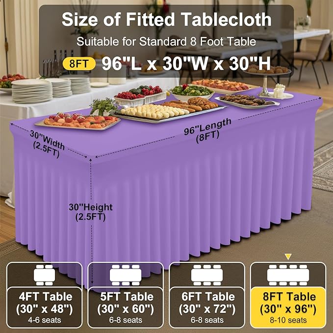 Smiry Spandex Tablecloth 2 Pack, Elastic Fitted Stretch Tablecloth for 8FT Rectangle Tables, Waterproof Washable Table Cover Skirt for Wedding, Banquet & Parties (Lavender, 96Lx30Wx30H Inch)