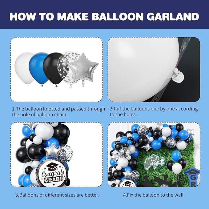 Graduation Balloon Arch Kit, 2025 Blue Black Party Decorations, Graduation Balloon Garland Party Decorations with Congrats Grad Hat Star Balloons for 2025 Grad Prom Supplies