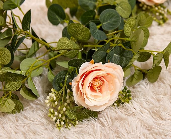 PARTY JOY 6.56ft Eucalyptus Garland with Flowers-8 Pink Roses-Lush,Natural Looking, Floral Garland Greenery for Party Wedding Table Indoor Outdoor Backdrop Wall Decor（Pink,1）