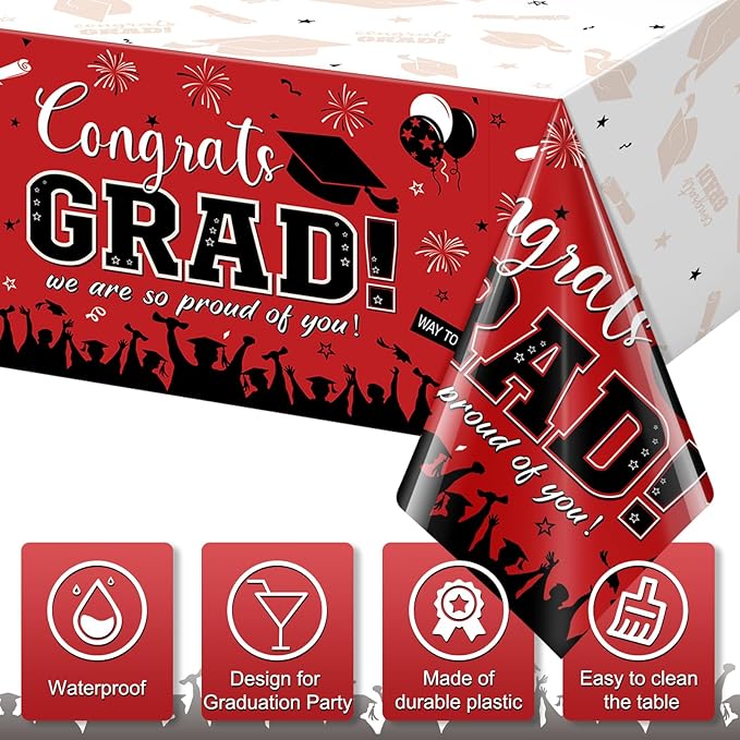 6 Pack Graduation Tablecloth Party Decorations, Class of 2026 Congrats Grad Plastic Tablecover Party Supplies, Red Rectangle Graduation Table Decorations for College High School Party, 54 x 108 Inch