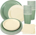 Whaline 100Pcs Ivory Sage Green Tableware Set Wedding Disposable Dinnerware 50Pcs Paper Plates 25Pcs Napkin 25Pcs Cups For Birthday Party Supplies Table Decor