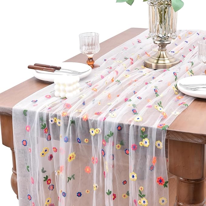 Joanlody 6pcs Ivory Embroidery Daisy Spring Summer Table Runner Florals Seasonal Easter Tulle Table Runner Holiday Kitchen Dining Table Decoration Wedding Party