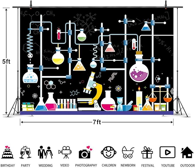 Imirell Chemical Science Birthday Backdrop 7Wx5H Feet Experiments for Kids Boys Chemistry Lab Mad Scientist Research Polyester Fabric Cool Photography Backgrounds Photo Shoot Decor Props Decoration