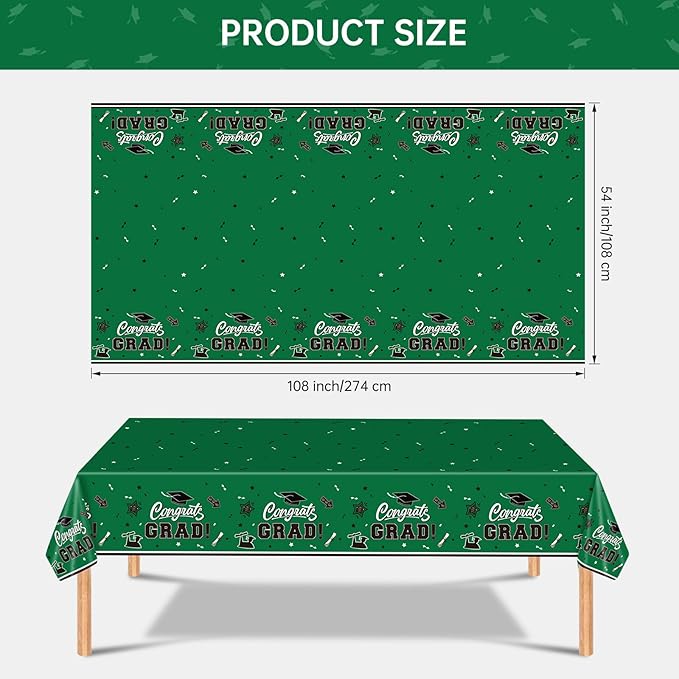 2 Pack Green Graduation Tablecloth - Congrats Grad Table Cloths, Plastic Disposable Rectangle Class of 2026 Table Cover for Graduation Tables Decorations Party Decor Supplies Favors,108 x 54 Inch