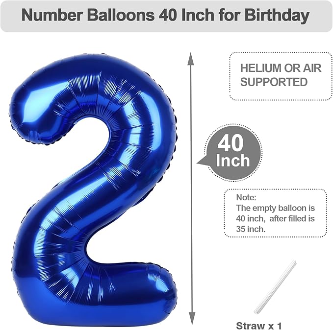 40 Inch 2 Balloon Number, Navy Blue Number Balloons for Birthday Party Decoration, Foil Number Ballon for 2, 12, 20, 22, 2026 Celebration, Graduation, Birthday, Baby Shower, Anniversary Decor
