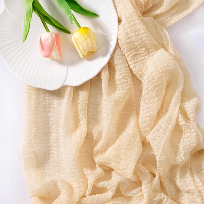Socomi 3pcs Beige Cheesecloth Table Runner Valentine's Day Gauze 120 Inch Rustic Boho Cheese Cloth Runner for Wedding Party Baby Bridal Shower Centerpiece Decoration Holiday Home Decorations