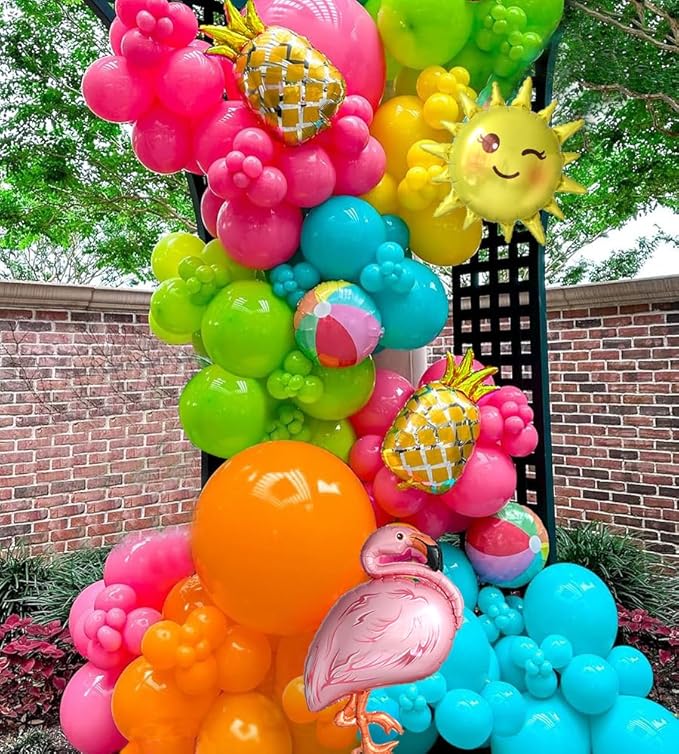 Tropical Hawaiian Party Decorations 155Pcs Luau Balloon Garland Arch Kit, Hot Pink Orange Yellow Pineapple Flamingo Balloons for Tropical Summer Beach Pool Birthday Coconut Party Supplies